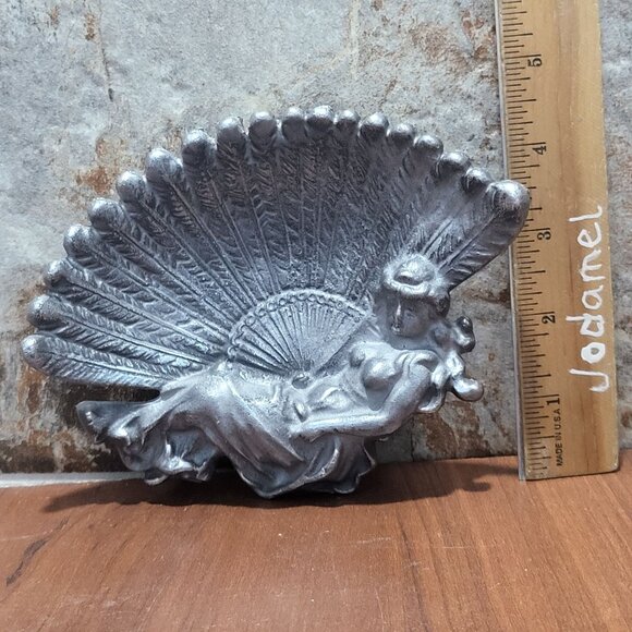 Vintage Cast Metal Trinket Dish Feather Fan Boudoir Lady - Picture 7 of 11